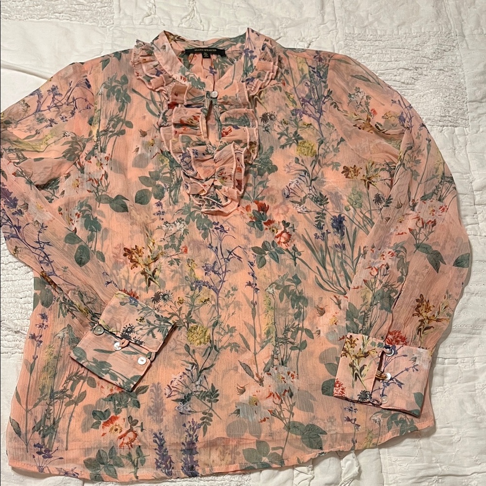Ellen Weaver Floral Blouse - Pink and Green, Size medium